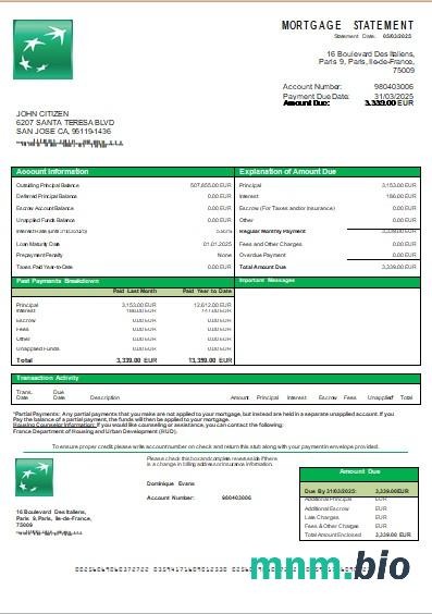 Francja Bank BNP wyciąg z kredytu hipotecznego szablon Word i PDF